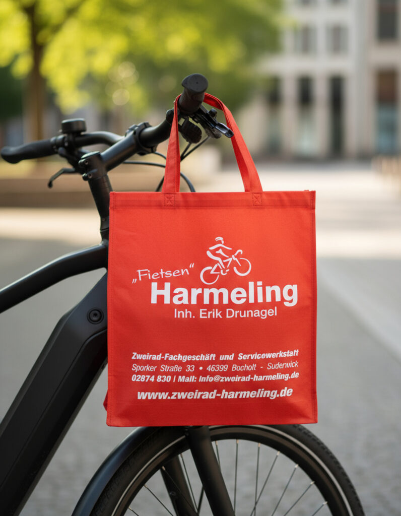 Bedruckte rote Tasche für Fahrradzubehör – Werbeagentur Hübers Bocholt