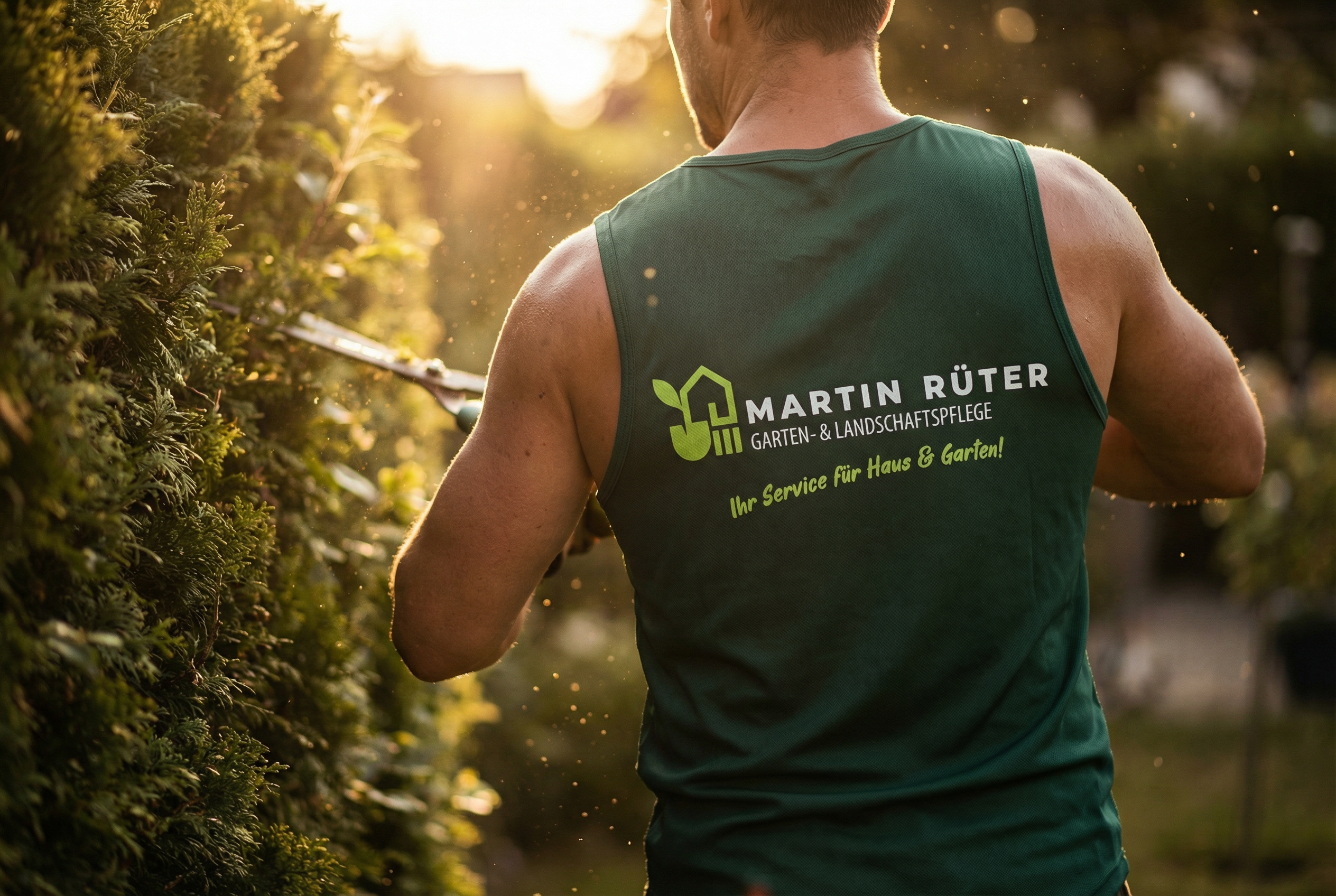 Bedrucktes Arbeitsshirt von Martin Rüter Garten- und Landschaftspflege bei der Heckenpflege