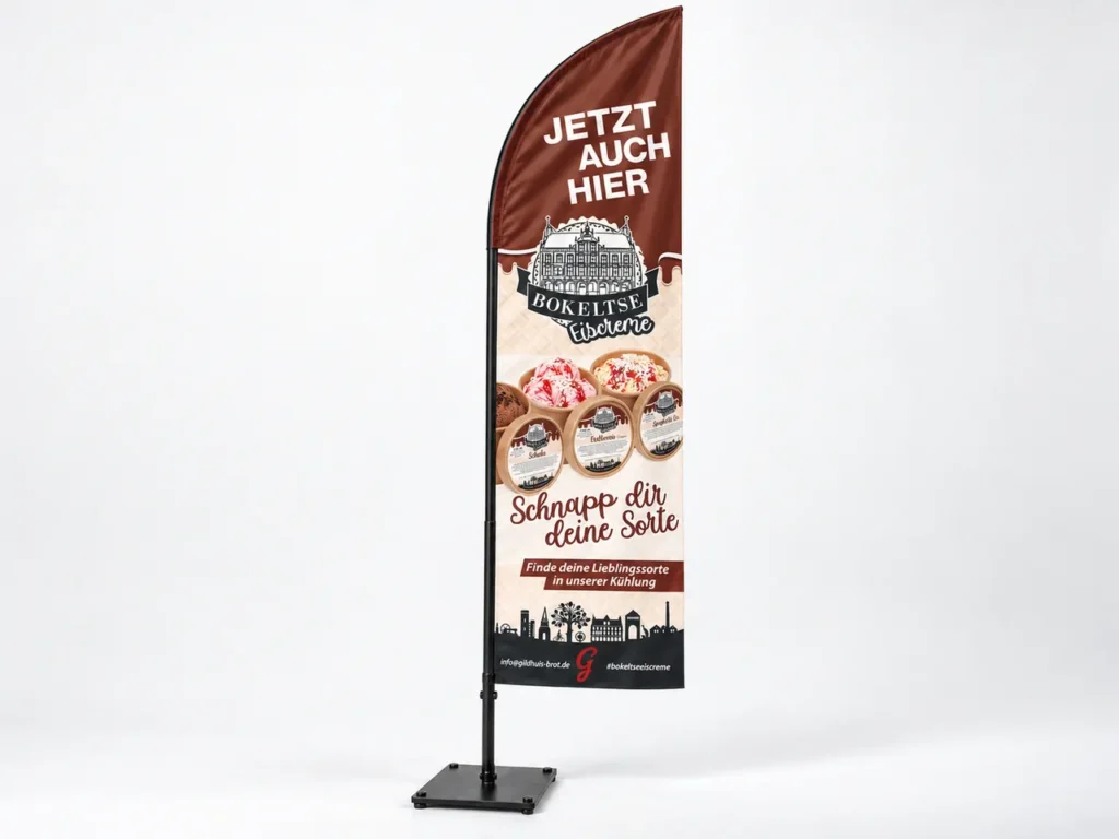 Beachflag für Bokeltse Eiscreme der Bäckerei Gildhuis in Bocholt