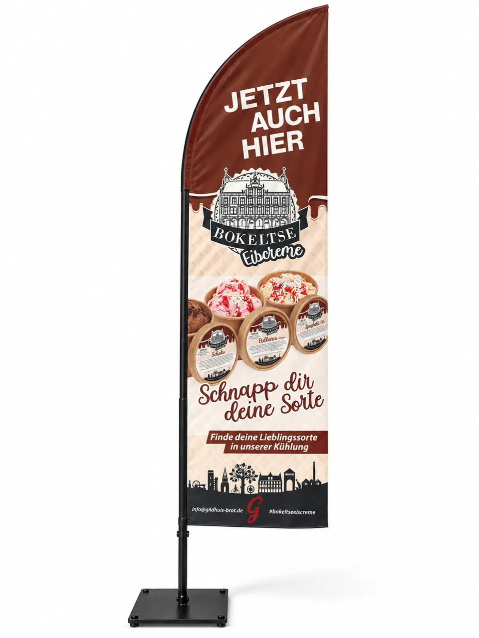 Beachflag mit Eiswerbung für die Bäckerei Gildhuis