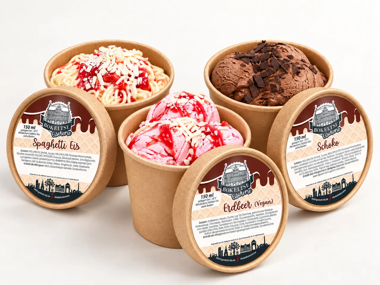 Eisbecher mit Etiketten der Bokeltse Eiscreme von Bäckerei Gildhuis