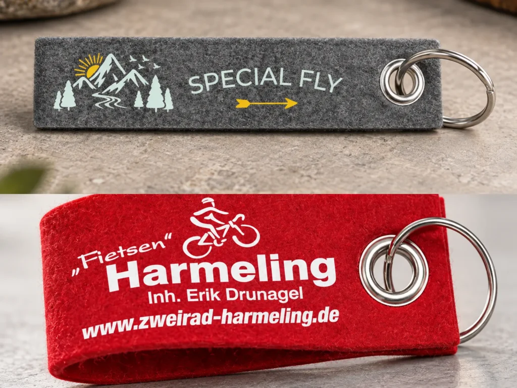 Bedruckte Filz-Schlüsselanhänger für Special-Fly und Zweirad Harmeling