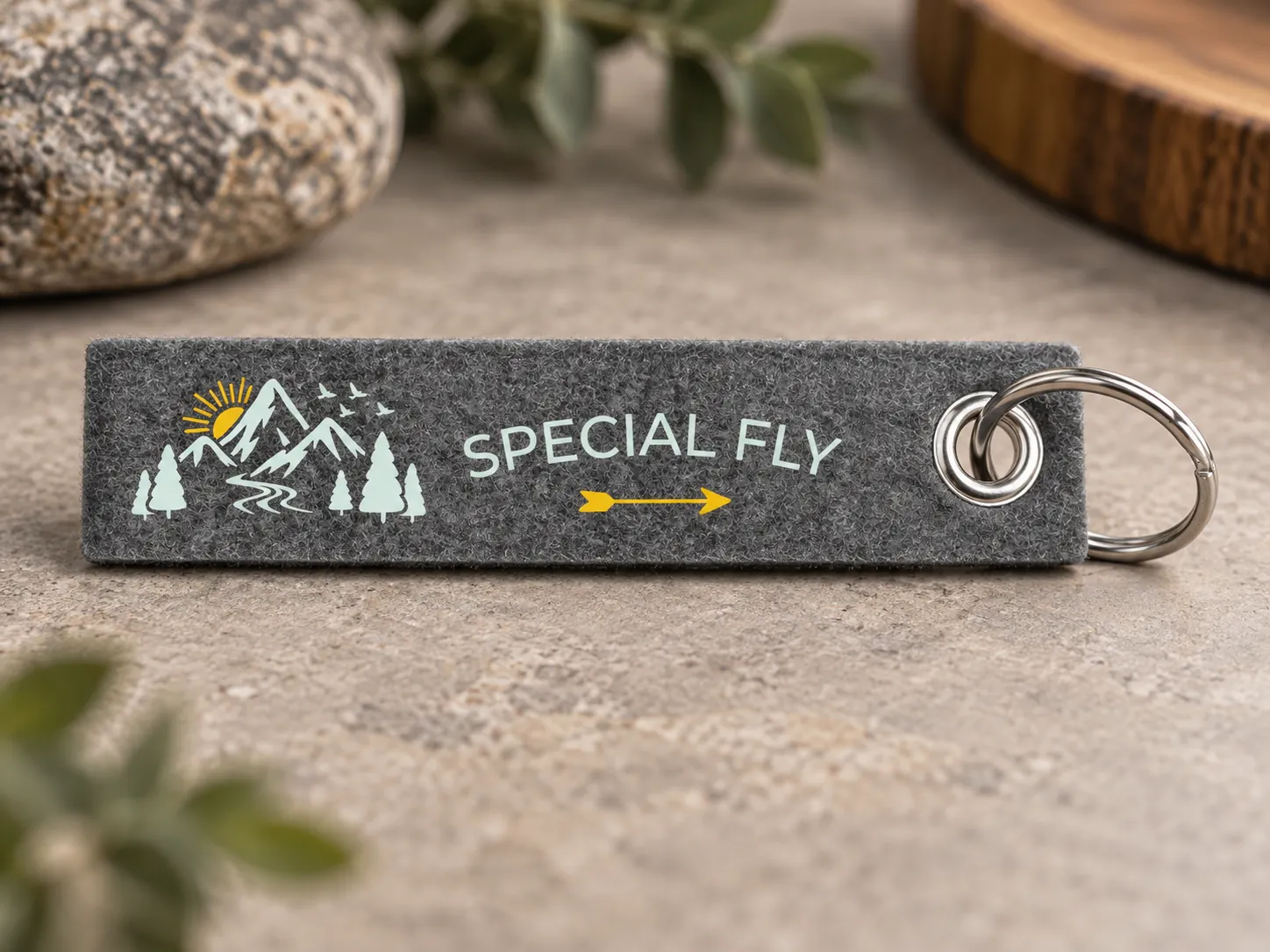 Detailaufnahme eines bedruckten Filz-Schlüsselanhängers von Special-Fly
