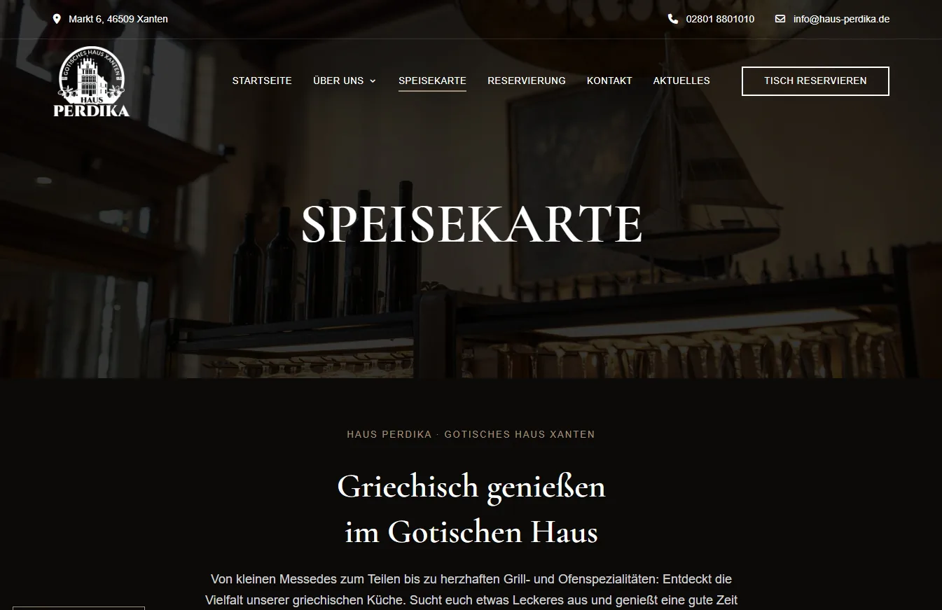 Digitale Speisekarte auf der Website von Haus Perdika in Xanten