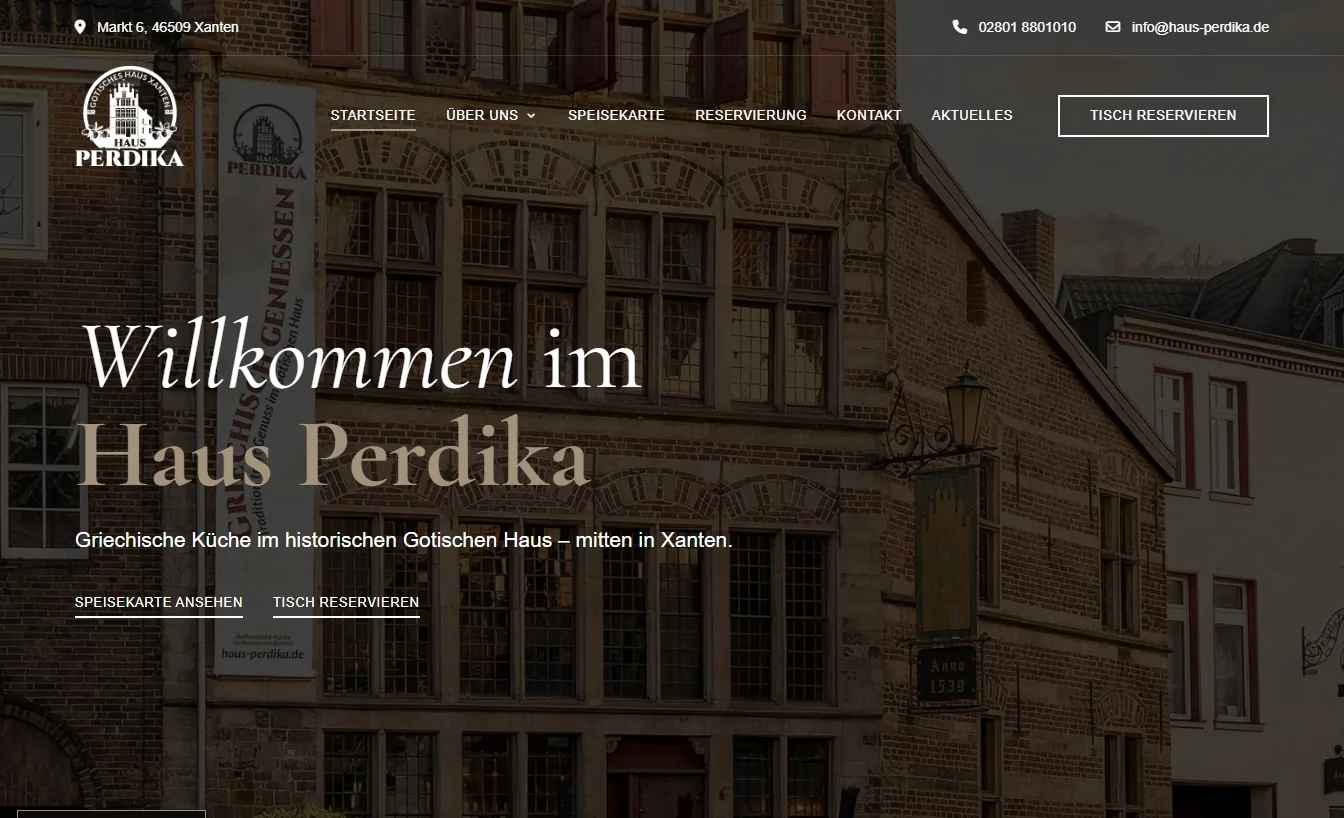 Startseite der neuen Website von Haus Perdika im Gotischen Haus Xanten